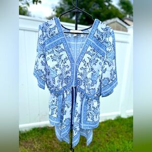 Michael Kors Blue & White shirt with black drawstring at waist